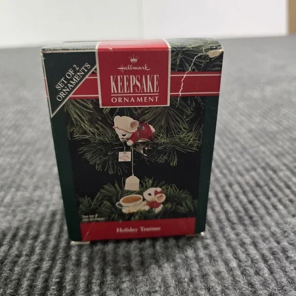 Hallmark Keepsake Ornament 1992 Holiday Teatime‎ Mice Tea Set of 2 QX543-1
