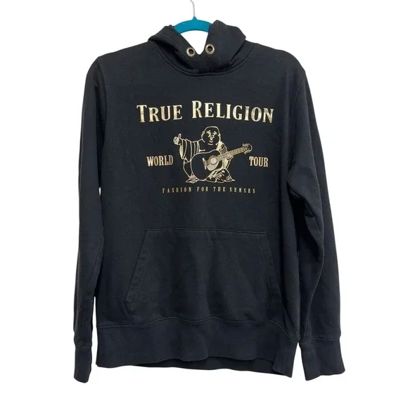 True Religion Metallic Buddha Fleece Hoodie Black Gold Men's M World Tour
