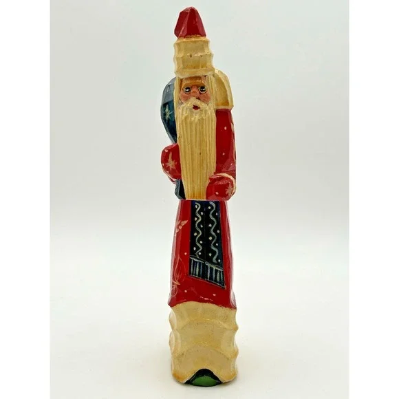 Christmas Wooden Slender Tall Santa‎ Claus Hand Carved Hand Painted 1993