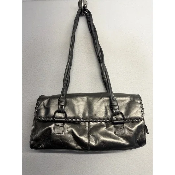 Worthington Metallic Pewter Leather‎ Shoulder Bag Whipstitch Flap Handbag Grey