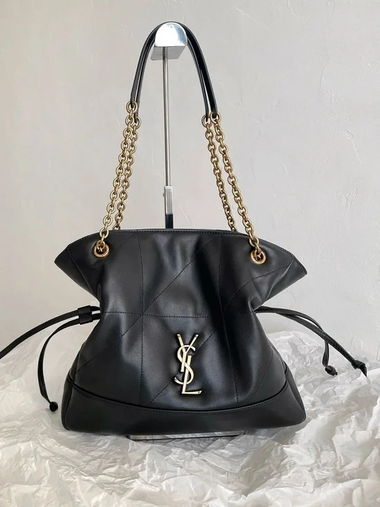 Saint Laurent Black Leather Shoulder Drawstring Bag with Gold Chain
