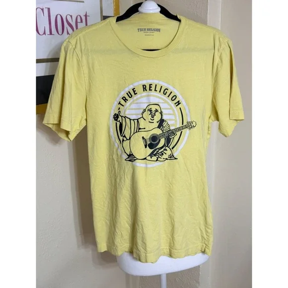 True Religion Mens Yellow Striped Buddha Guitar Graphic T-Shirt Small ZD4YX28QGT