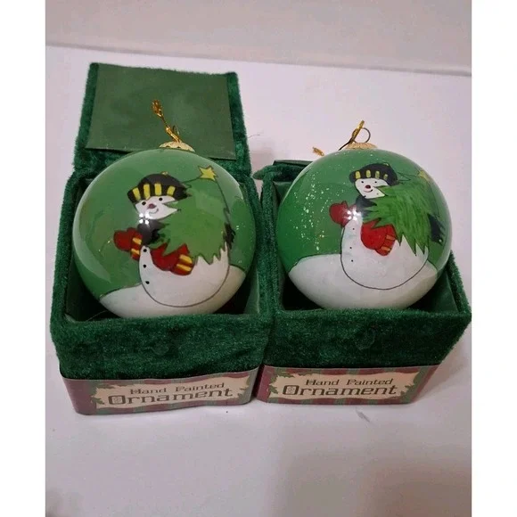 Lot of 2 Vintage Hand Painted Glass Ball Holiday Christmas Ornament Snowman Tree