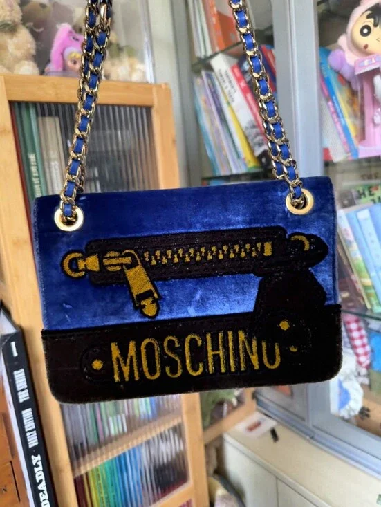 Moschino Blue Velvet Convertible Chain Shoulder Bag Logo