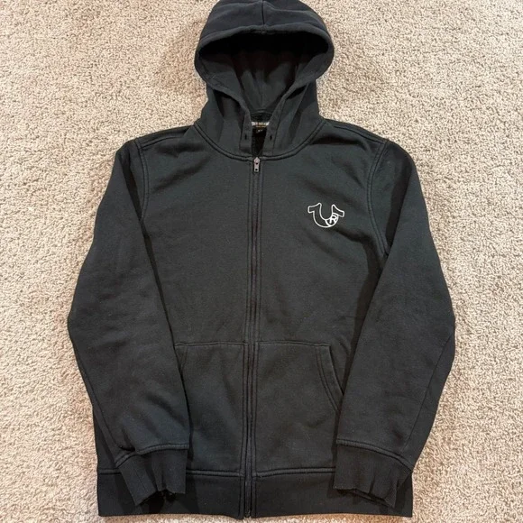 True Religion Zip Up Hoodie Mens Medium Black Good Multi Logo Flock Sweatshirt