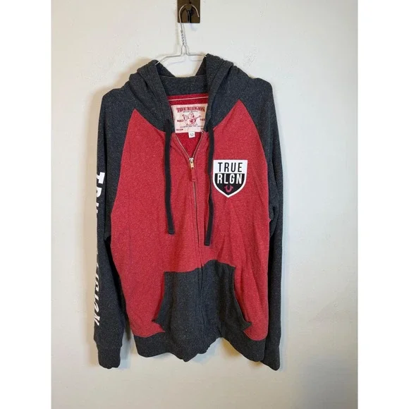 True Religion Mens Zip Hoodie Raglan Graphic Sleeve Red Gray XL