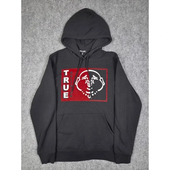 True Religion Hoodie Mens Medium Black Buddha Flocked Pullover Sweatshirt