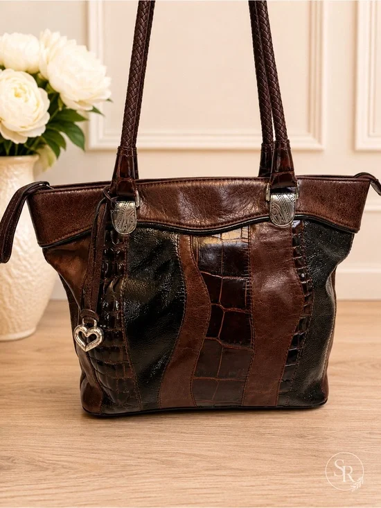 Brighton Lydia Patchwork Leather Shoulder Bag Brown Croc Patent Braided