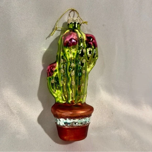 Blown Glass Green Cactus Christmas Tree Ornament 5”