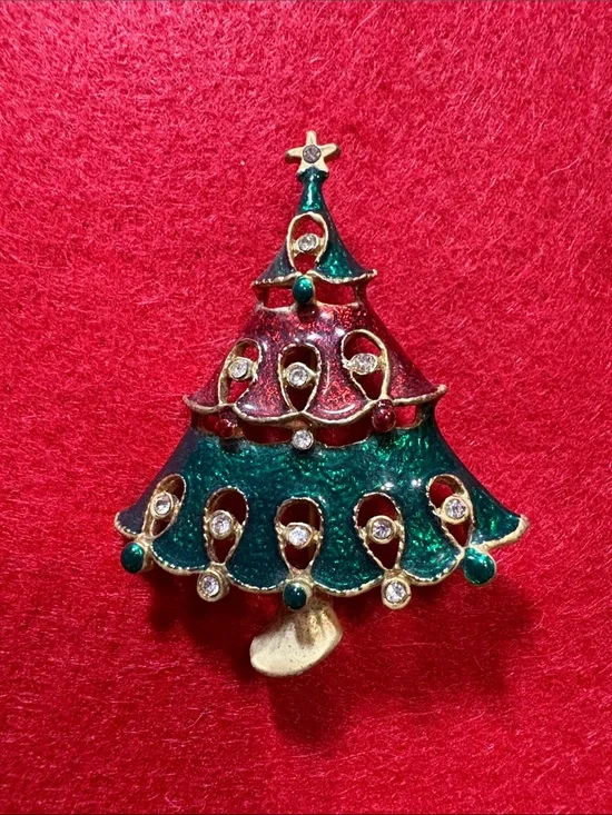 Festive Green and Red Christmas Tree Brooch - Holiday Pin