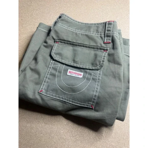 True Religion Mens Cargo Pants Olive Green White Contrast Stitching Size 28