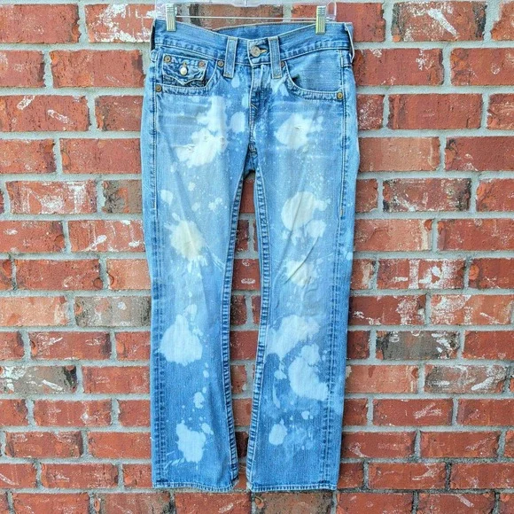 True Religion Jeans Mens 28 Light Blue Bleach Splash Straight Leg Made in USA