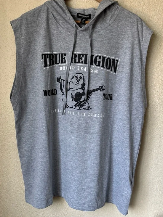 True Religion Gray Sleeveless Hoodie with Graphic Logo