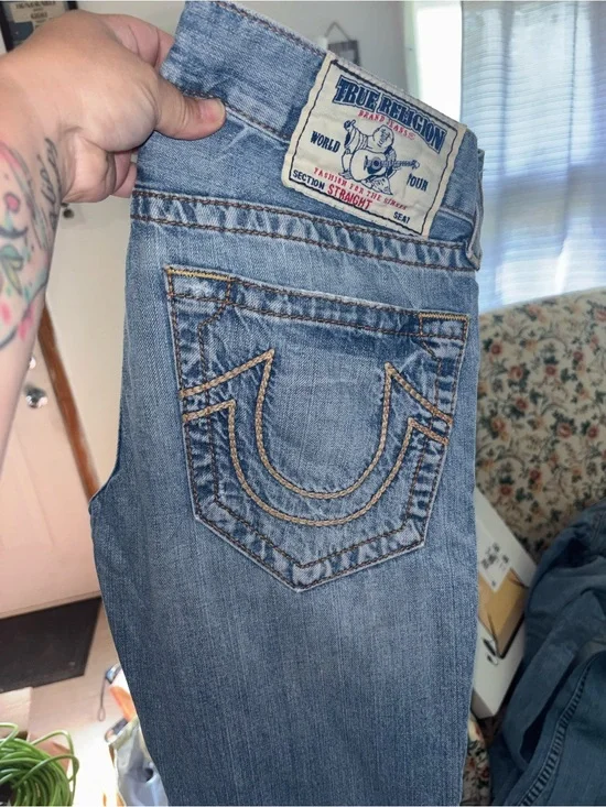 True Religion Straight Leg Jeans in Faded Blue Wash