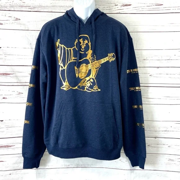 True Religion Hoodie Men’s XL Blue/Gold Logo Long Sleeve Graphic Print‎
