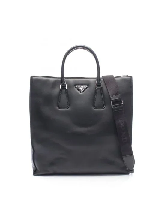 Prada Tote Bag Shopping 2-Way Black Leather Triangle Logo