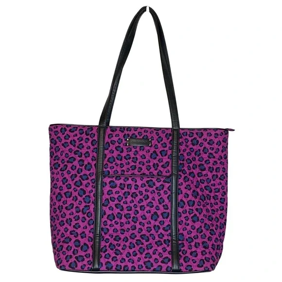 Vera Bradley Trimmed Vera XL Tote Bag Pink Leopard Print Zip Travel Work Weekend