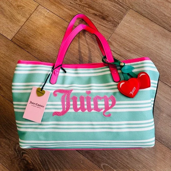 Juicy Couture Paradise Tote Retro Green Striped Canvas Bag Pink Trim NEW