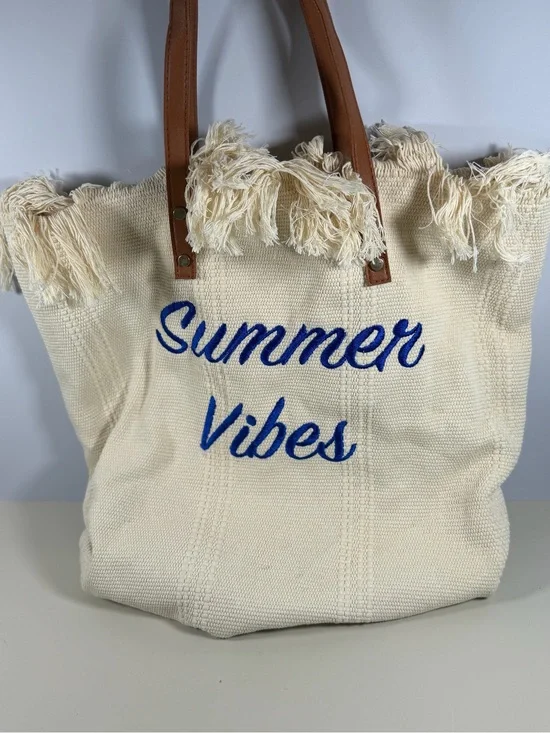 Source Unknown Cream Tote with Blue 'Summer Vibes' Embroidery
