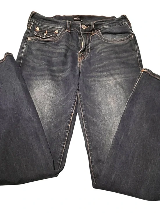 True Religion men’s Straight Leg Jeans in Dark Blue with Faded Detail