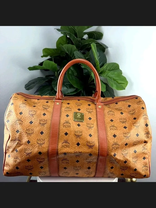 MCM Cognac Visetos Logo Duffel with Tan Trim