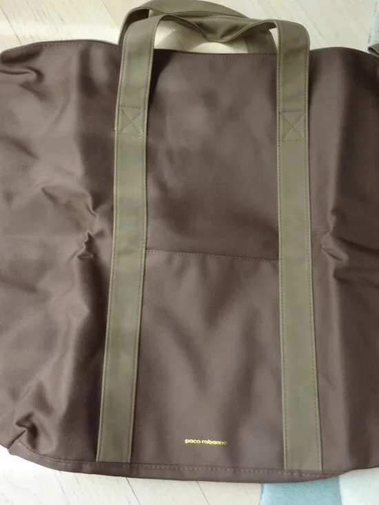 NEW Paco Rabanne Brown Overnight Weekend Canvas Travel Bag Foldable Gold Accent