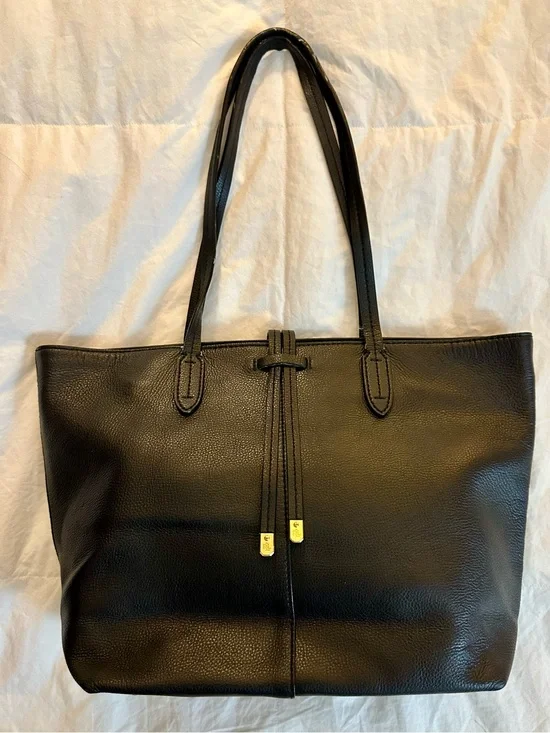 Lauren Ralph Lauren Black Leather Tote with Drawstring Detail