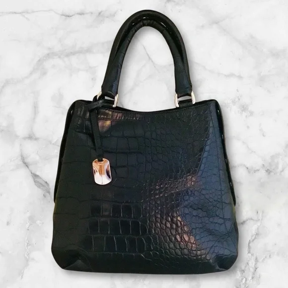 Furla Onyx Black Leather Embossed Croc Tote Bag
