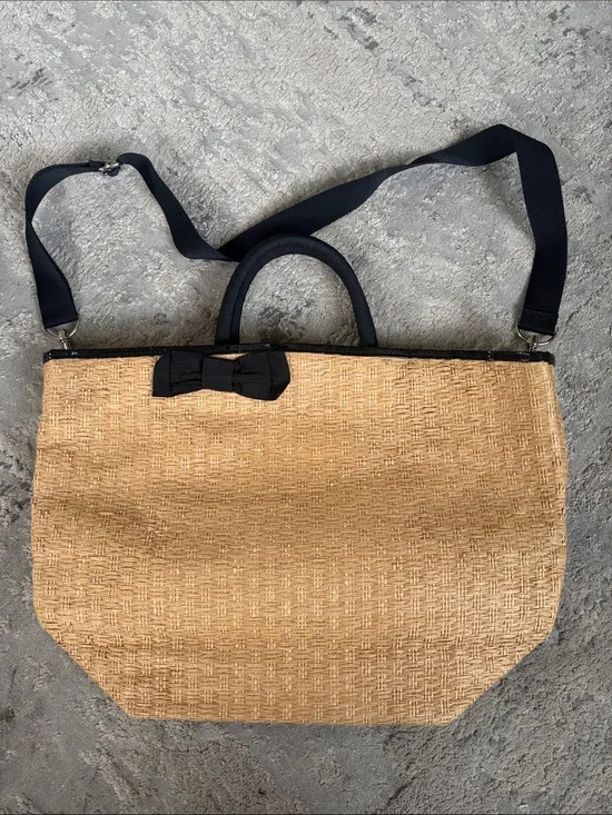 Bed Bath & Beyond Straw Tote with Black Trim and Bow Accent