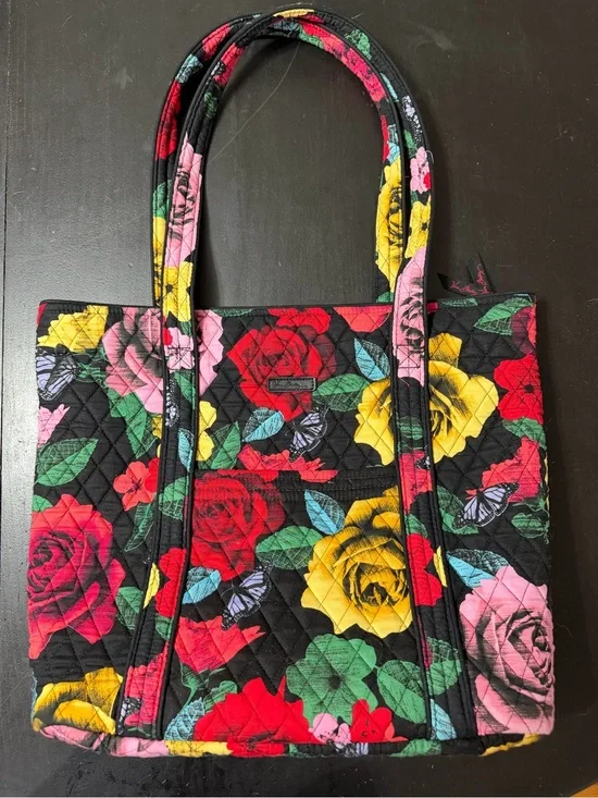 Quilted Vera Bradley Floral Tote Bag in Black with Multicolor Rose