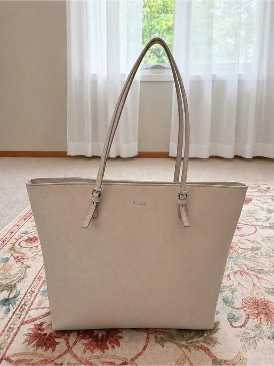 Furla Light Beige Leather Tote with Slim Shoulder Straps