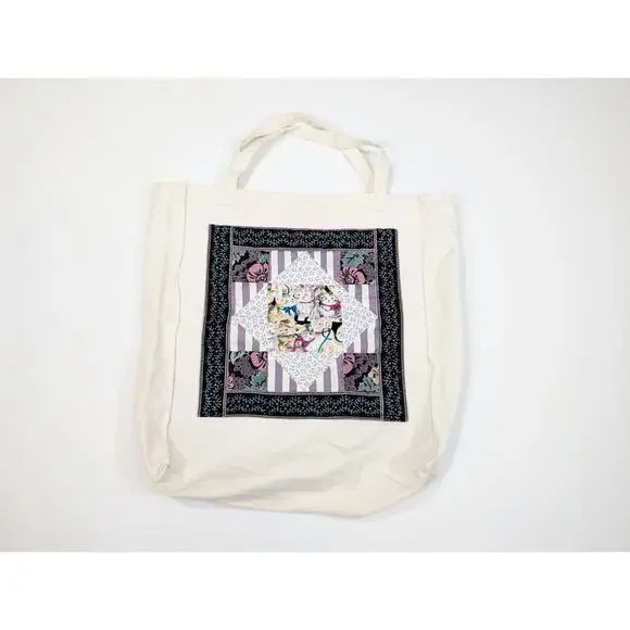 Vintage Cat Tote Bag Beige Canvas Patchwork Pocket