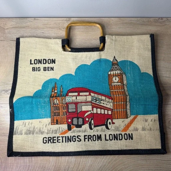 Greetings From London Big Ben Bus Souvenir Tote Bag Wooden Handle Retro Travel‎