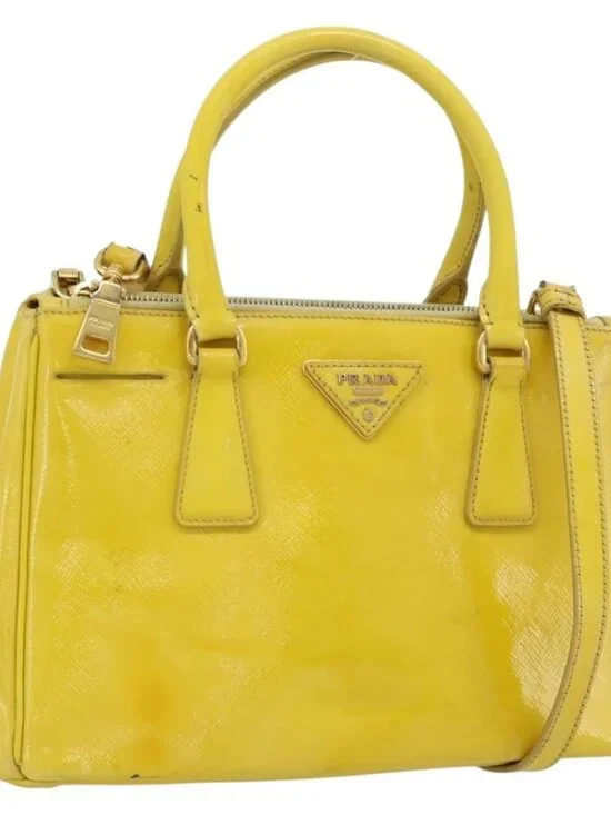 PRADA Galleria Hand Bag Patent Leather 2way Yellow Gold Auth