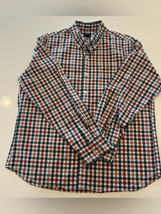 J. Crew Men's Red, Teal & White Plaid Button-Down Shirt Size L
