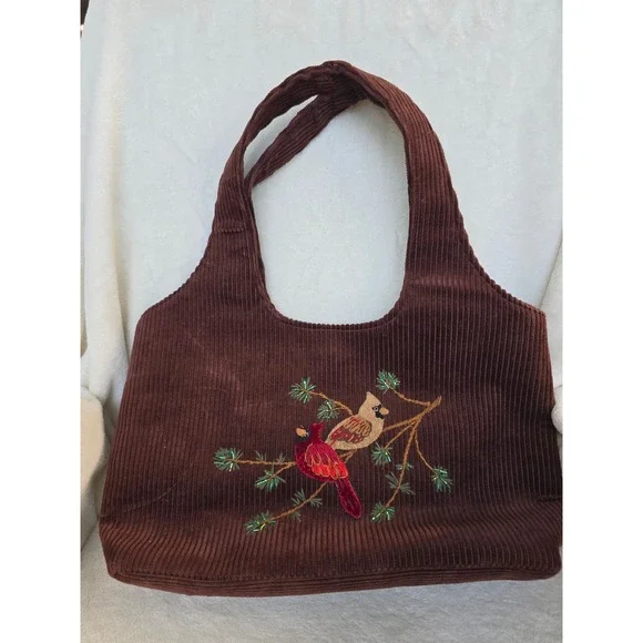 Cappelli Straworld Brown Corduroy Cardinal Bird Embroidered Beaded Tote Bag