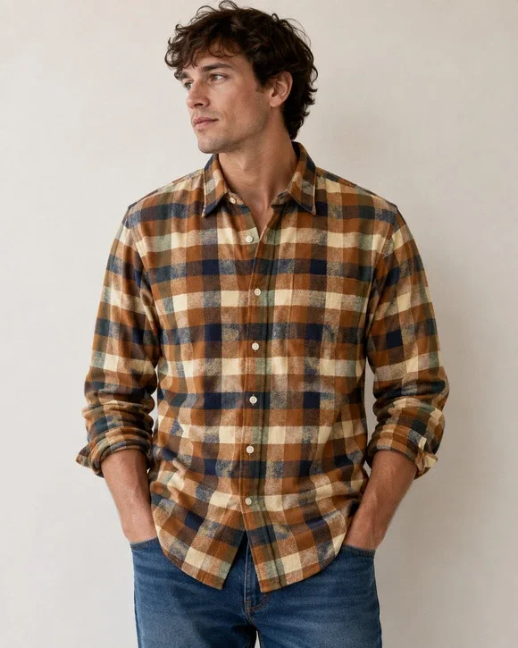 Mens J Crew Flannel Soft Orange Blue Tan Plaid Button Up Shirt Size Large