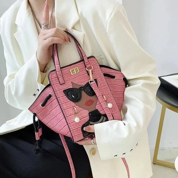 Pink SASSY CHIC LADY Bag with Face Design Adjustable size and crossbody handle