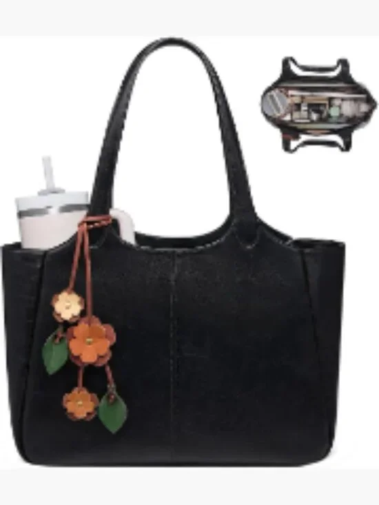 Extra Large Faux Leather Tote Bag with 40oz Cup Holder, Laptop Compartment, 6
