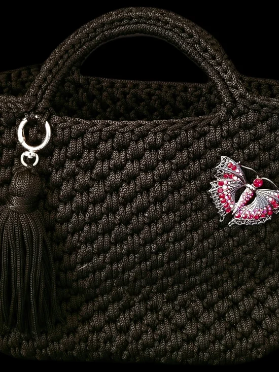 Black Knit Tote Bag with Red Butterfly Brooch