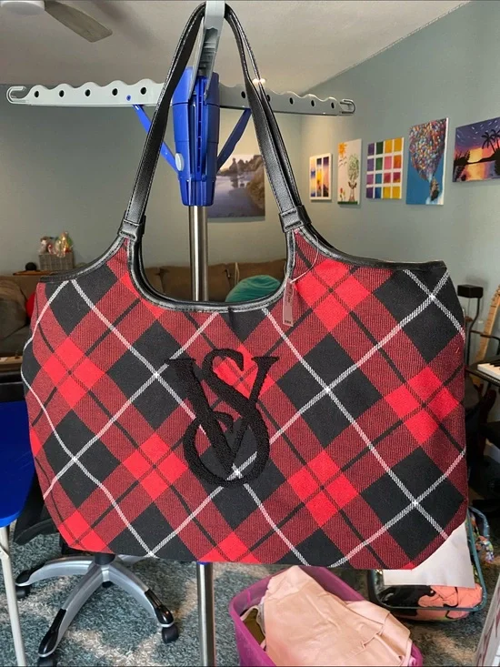 Victoria's Secret Red and Black Plaid Tote with Monogram