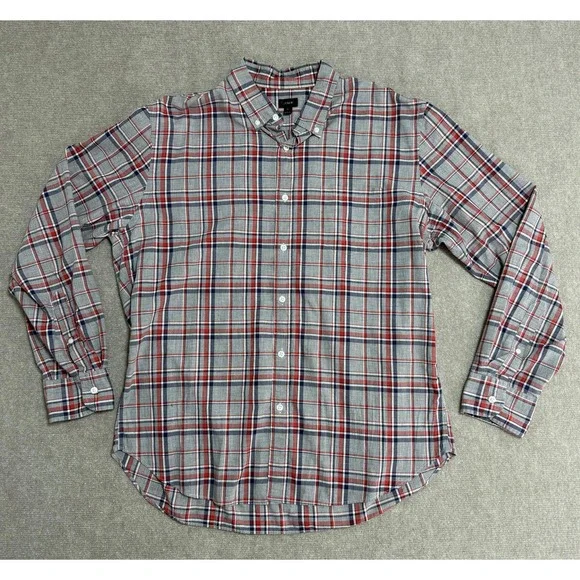 J Crew‎ Shirt Mens Extra Large Gray Red Blue Plaid Button Down Flannel Casual