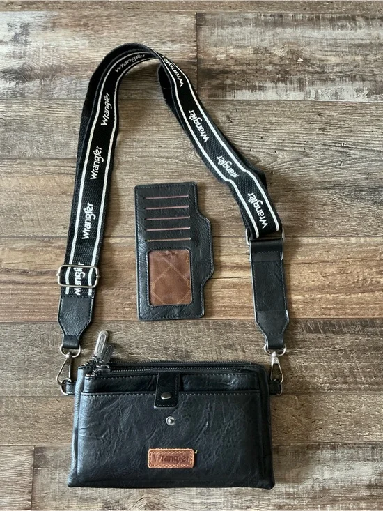 Wrangler Black Crossbody Phone Pouch with Brown Cardholder