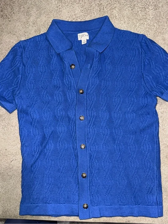 J. Crew Men's Royal Blue Short-Sleeve Button-Down Knit Shirt
