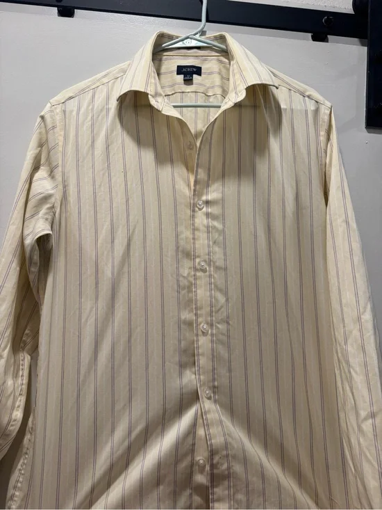 J. Crew Men's Cream Button-Down Shirt with Subtle Purple Stripes