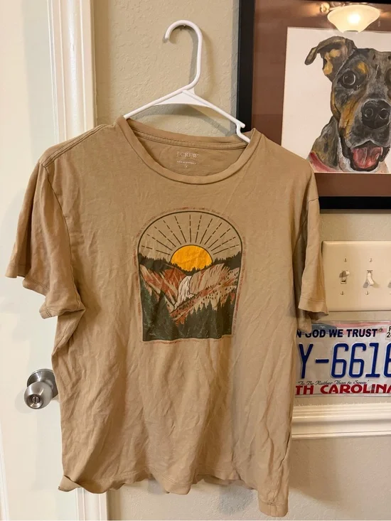 J. Crew Men’s Tan Graphic Tee with Sunrise Mountain Print