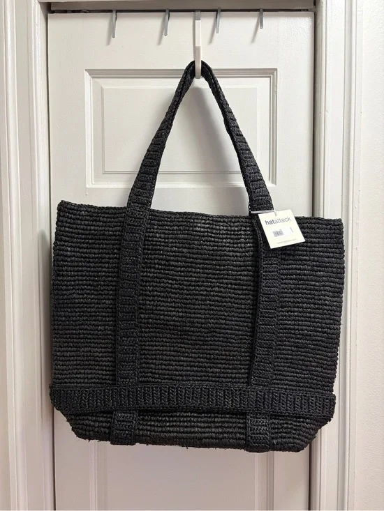 Hat Attack Black Woven Raffia Tote