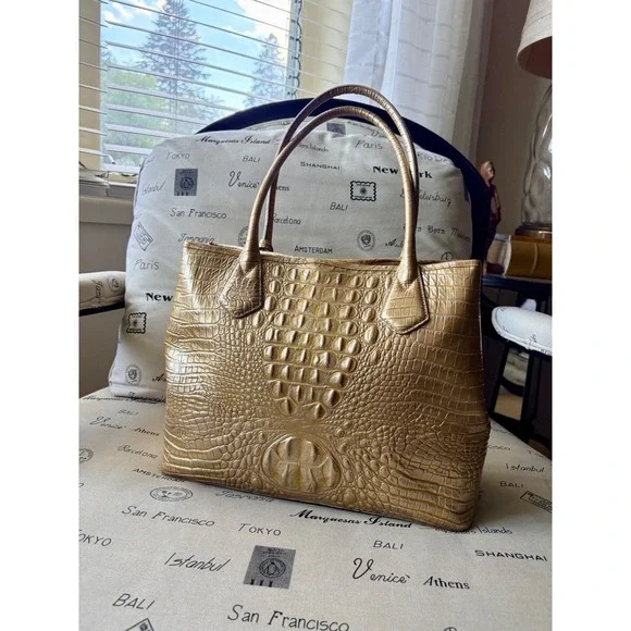 NWT Brahmin Sol Glossy Anytime Tote Gold Croc Embossed Leather Bag Neutral