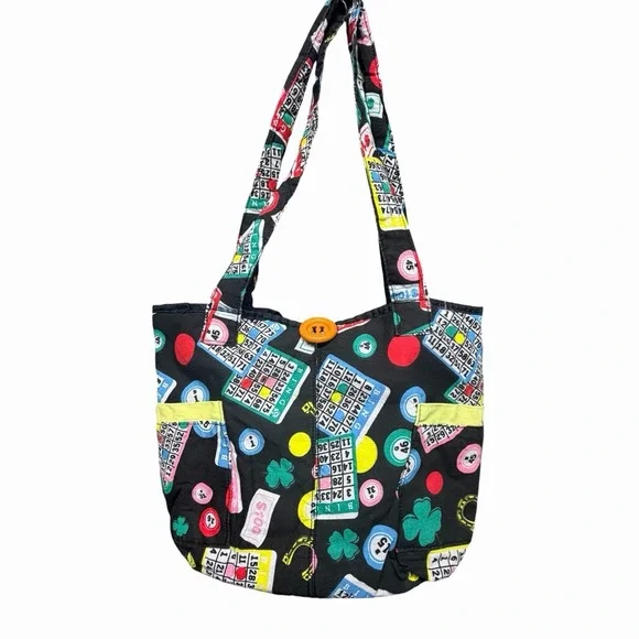 Bingo Print Tote Bag Black Multicolor Shoulder Bag Lucky Clover‎ Casino Theme