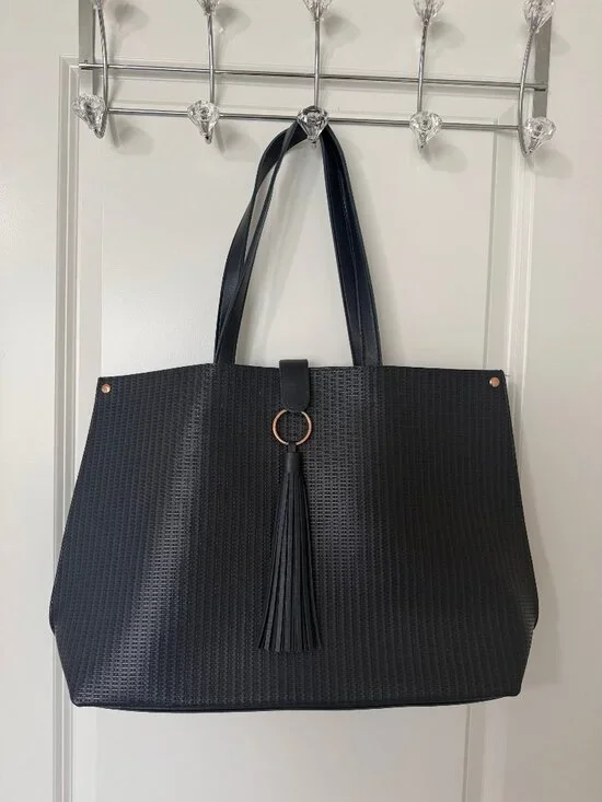 ULTA Beauty Black Textured Oversized Tote Bag Rose Gold Tassel Shopper